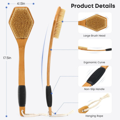 eaxun Bamboo Back Brush with Curved Long Handle - 17.5 Inch Shower Back Scrubber with Stiff Bristles for Men and Women, Exfoliating Body Washer Anti Slip Exfoliator for Bath or Dry Brushing Avelisse