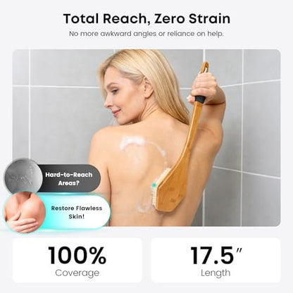 eaxun Bamboo Back Brush with Curved Long Handle - 17.5 Inch Shower Back Scrubber with Stiff Bristles for Men and Women, Exfoliating Body Washer Anti Slip Exfoliator for Bath or Dry Brushing Avelisse