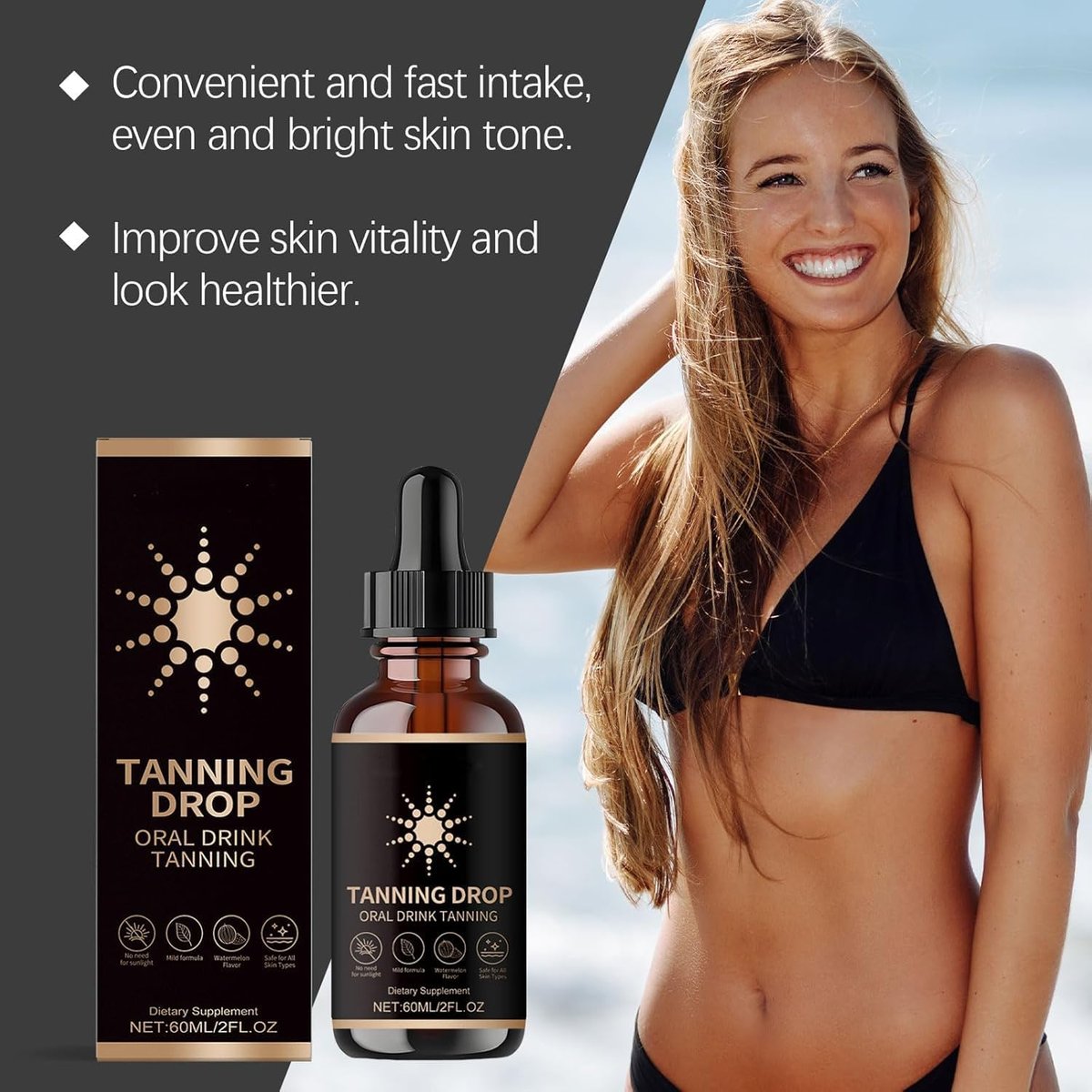 DASIUIP Tanning Drops To Drink – 2 Fl Oz Sunless Tanning Drops for Face & Body, Long-Lasting Natural Bronzer for All Skin Types Avelisse