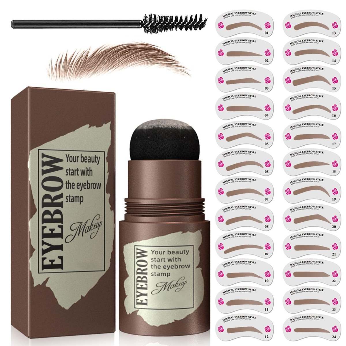 Eyebrow Stamp Stencil Kit - Light Brown Brow Powder Stamp & 24 Stencils for Perfect Shaping, Smudge-Proof Avelisse