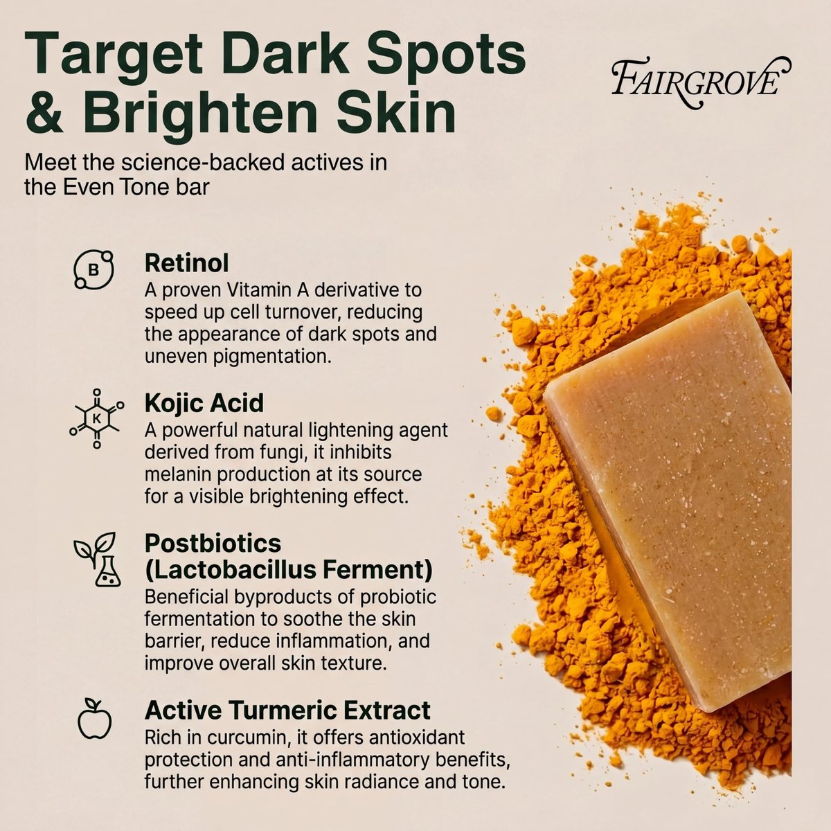 Fairgrove Organic Kojic Acid Bar Soap with Retinol, Turmeric & Postbiotics – Skin Brightening, Cold Pressed, Made in USA (4 oz) Avelisse