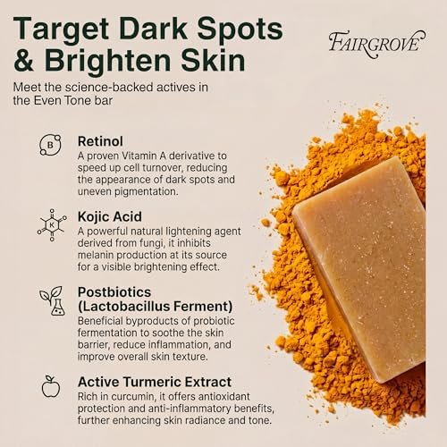 Fairgrove Organic Kojic Acid Bar Soap with Retinol, Turmeric & Postbiotics – Skin Brightening, Cold Pressed, Made in USA (4 oz) Avelisse