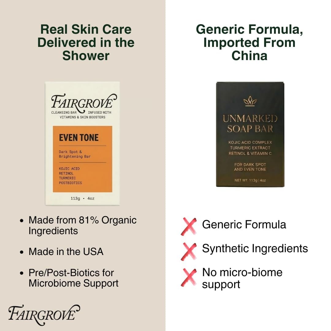 Fairgrove Organic Kojic Acid Bar Soap with Retinol, Turmeric & Postbiotics – Skin Brightening, Cold Pressed, Made in USA (4 oz) Avelisse