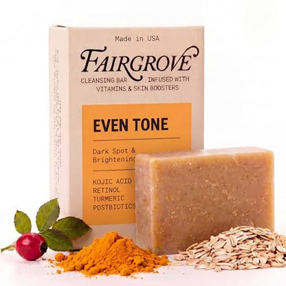 Fairgrove Organic Kojic Acid Bar Soap with Retinol, Turmeric & Postbiotics – Skin Brightening, Cold Pressed, Made in USA (4 oz) Avelisse