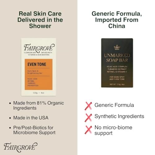 Fairgrove Organic Kojic Acid Bar Soap with Retinol, Turmeric & Postbiotics – Skin Brightening, Cold Pressed, Made in USA (4 oz) Avelisse