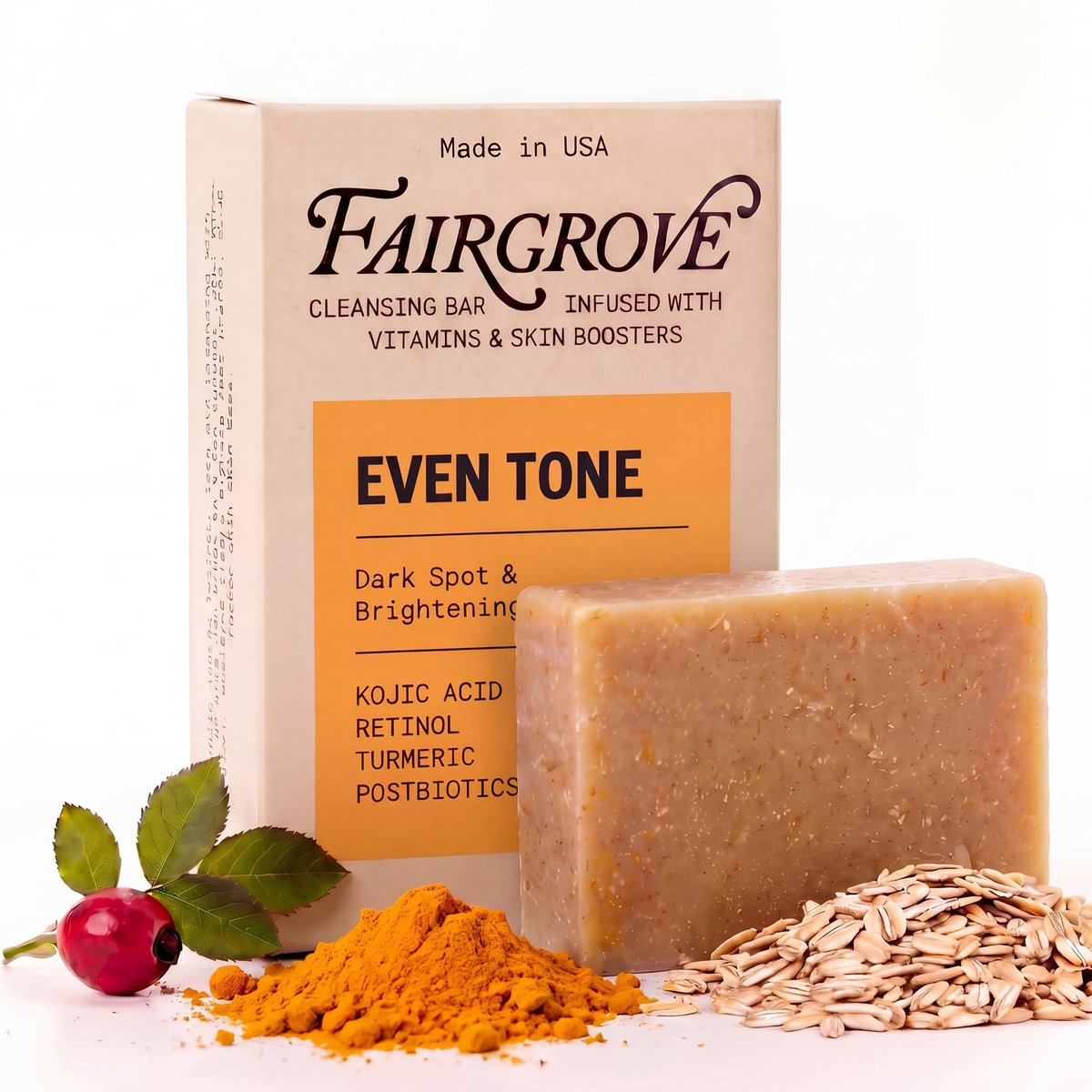 Fairgrove Organic Kojic Acid Bar Soap with Retinol, Turmeric & Postbiotics – Skin Brightening, Cold Pressed, Made in USA (4 oz) Avelisse