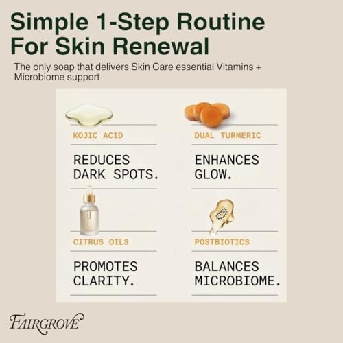 Fairgrove Organic Kojic Acid Bar Soap with Retinol, Turmeric & Postbiotics – Skin Brightening, Cold Pressed, Made in USA (4 oz) Avelisse
