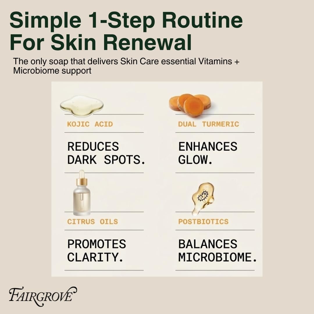 Fairgrove Organic Kojic Acid Bar Soap with Retinol, Turmeric & Postbiotics – Skin Brightening, Cold Pressed, Made in USA (4 oz) Avelisse
