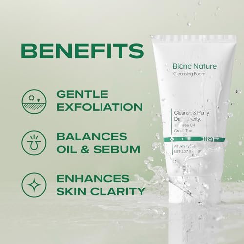 BLANC NATURE Cleansing Foam - Tea Tree Pore Deep Facial Cleanser for Oily & Sensitive Skin with Centella Asiatica and Green Tea, Korean Skincare, 5.07 fl oz (150 ml) Avelisse