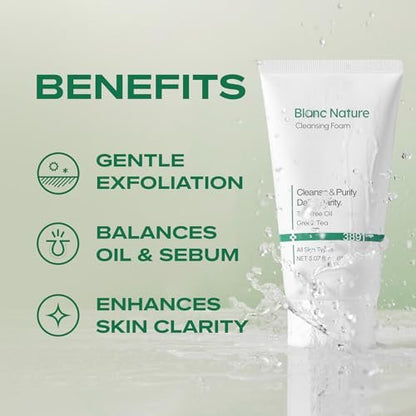 BLANC NATURE Cleansing Foam - Tea Tree Pore Deep Facial Cleanser for Oily & Sensitive Skin with Centella Asiatica and Green Tea, Korean Skincare, 5.07 fl oz (150 ml) Avelisse