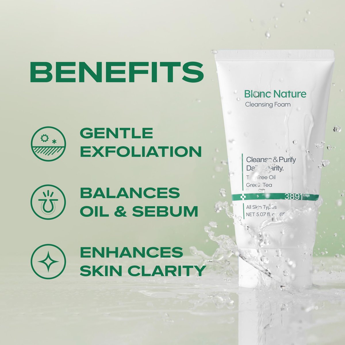 BLANC NATURE Cleansing Foam - Tea Tree Pore Deep Facial Cleanser for Oily & Sensitive Skin with Centella Asiatica and Green Tea, Korean Skincare, 5.07 fl oz (150 ml) Avelisse