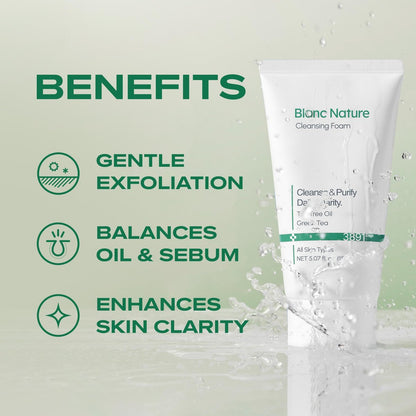 BLANC NATURE Cleansing Foam - Tea Tree Pore Deep Facial Cleanser for Oily & Sensitive Skin with Centella Asiatica and Green Tea, Korean Skincare, 5.07 fl oz (150 ml) Avelisse
