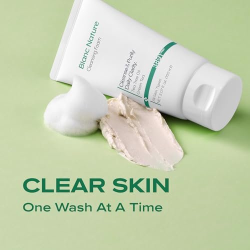BLANC NATURE Cleansing Foam - Tea Tree Pore Deep Facial Cleanser for Oily & Sensitive Skin with Centella Asiatica and Green Tea, Korean Skincare, 5.07 fl oz (150 ml) Avelisse