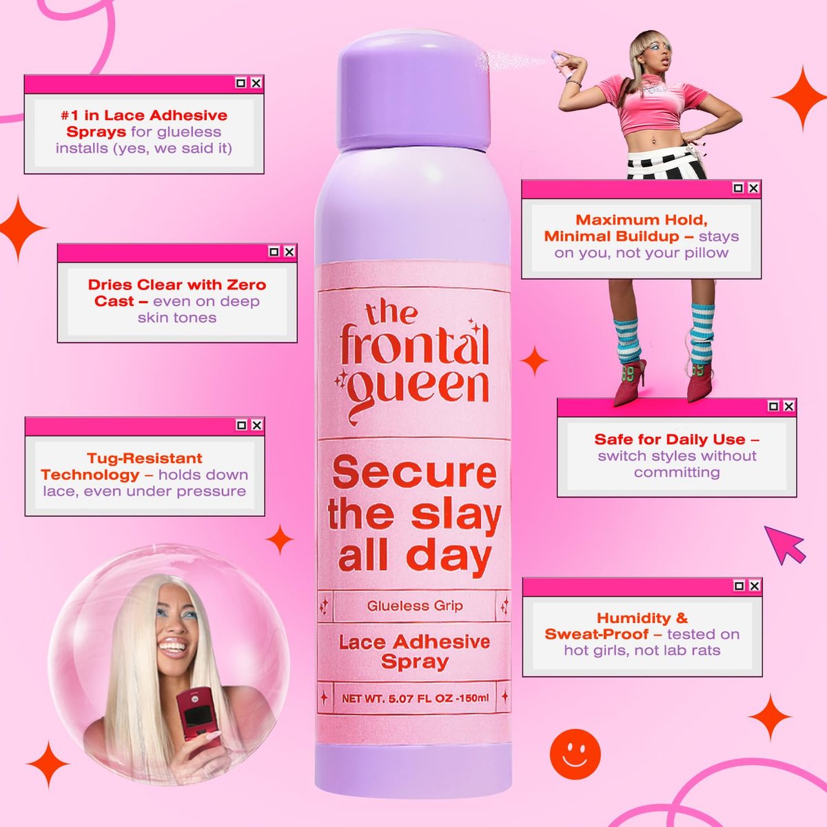 The Frontal Queen Lace Adhesive Spray – Clear Dry Finish, Extra Hold for All-Day Secure Glueless Installs Avelisse