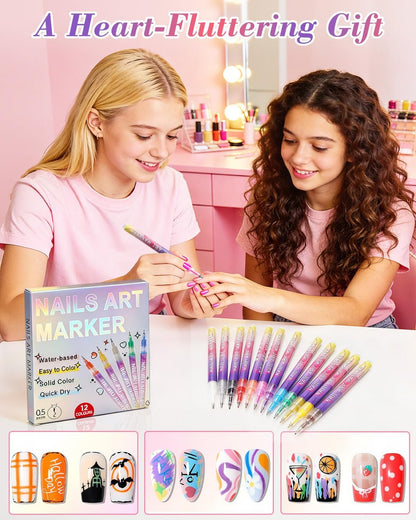 12 Colors Nail Art Marker Pens Set - 0.5mm Fine Tip, Waterproof & Quick-Drying Nail Pens for DIY Manicure Design