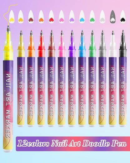 12 Colors Nail Art Marker Pens Set - 0.5mm Fine Tip, Waterproof & Quick-Drying Nail Pens for DIY Manicure Design
