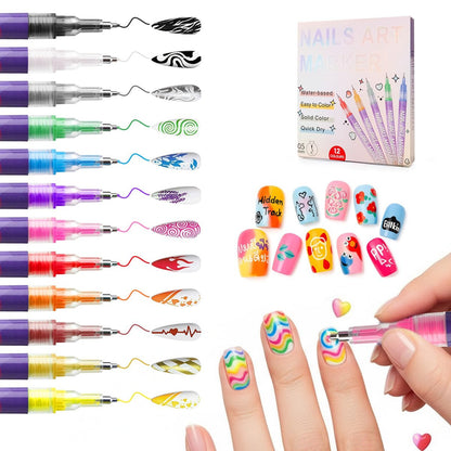 12 Colors Nail Art Marker Pens Set - 0.5mm Fine Tip, Waterproof & Quick-Drying Nail Pens for DIY Manicure Design