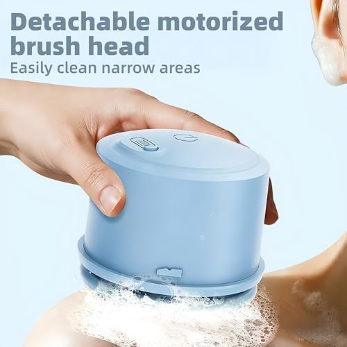 Electric Body Brush Back Scrubber for Shower - Waterproof Long Dual Handle Power Body Scrubber with 4 Heads, Rechargeable Bath Brush & 2 Speeds for Cleansing, Exfoliating and Massaging Skin (Sky Blue) Avelisse