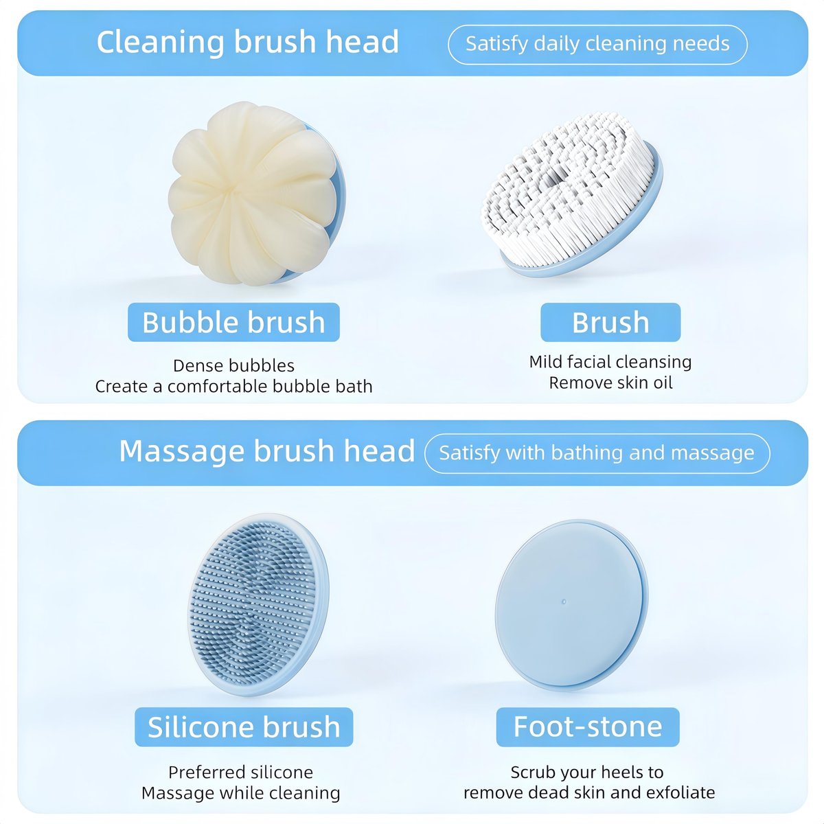 Electric Body Brush Back Scrubber for Shower - Waterproof Long Dual Handle Power Body Scrubber with 4 Heads, Rechargeable Bath Brush & 2 Speeds for Cleansing, Exfoliating and Massaging Skin (Sky Blue) Avelisse
