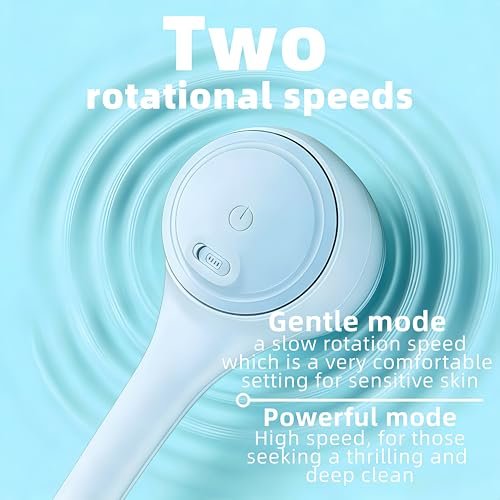 Electric Body Brush Back Scrubber for Shower - Waterproof Long Dual Handle Power Body Scrubber with 4 Heads, Rechargeable Bath Brush & 2 Speeds for Cleansing, Exfoliating and Massaging Skin (Sky Blue) Avelisse