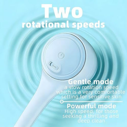 Electric Body Brush Back Scrubber for Shower - Waterproof Long Dual Handle Power Body Scrubber with 4 Heads, Rechargeable Bath Brush & 2 Speeds for Cleansing, Exfoliating and Massaging Skin (Sky Blue) Avelisse