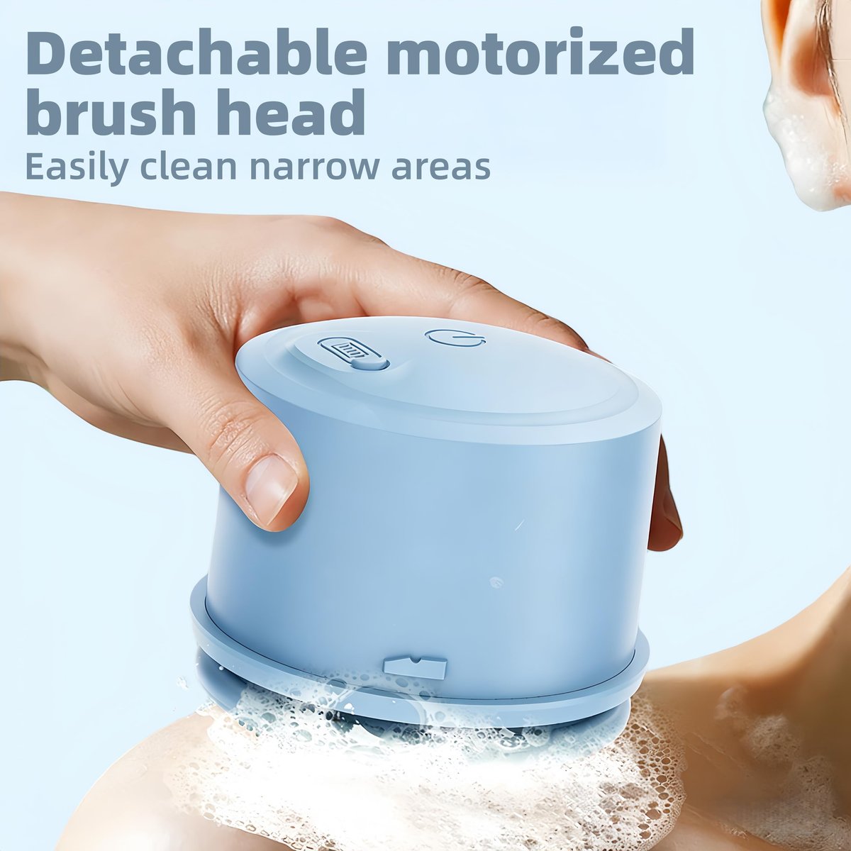 Electric Body Brush Back Scrubber for Shower - Waterproof Long Dual Handle Power Body Scrubber with 4 Heads, Rechargeable Bath Brush & 2 Speeds for Cleansing, Exfoliating and Massaging Skin (Sky Blue) Avelisse