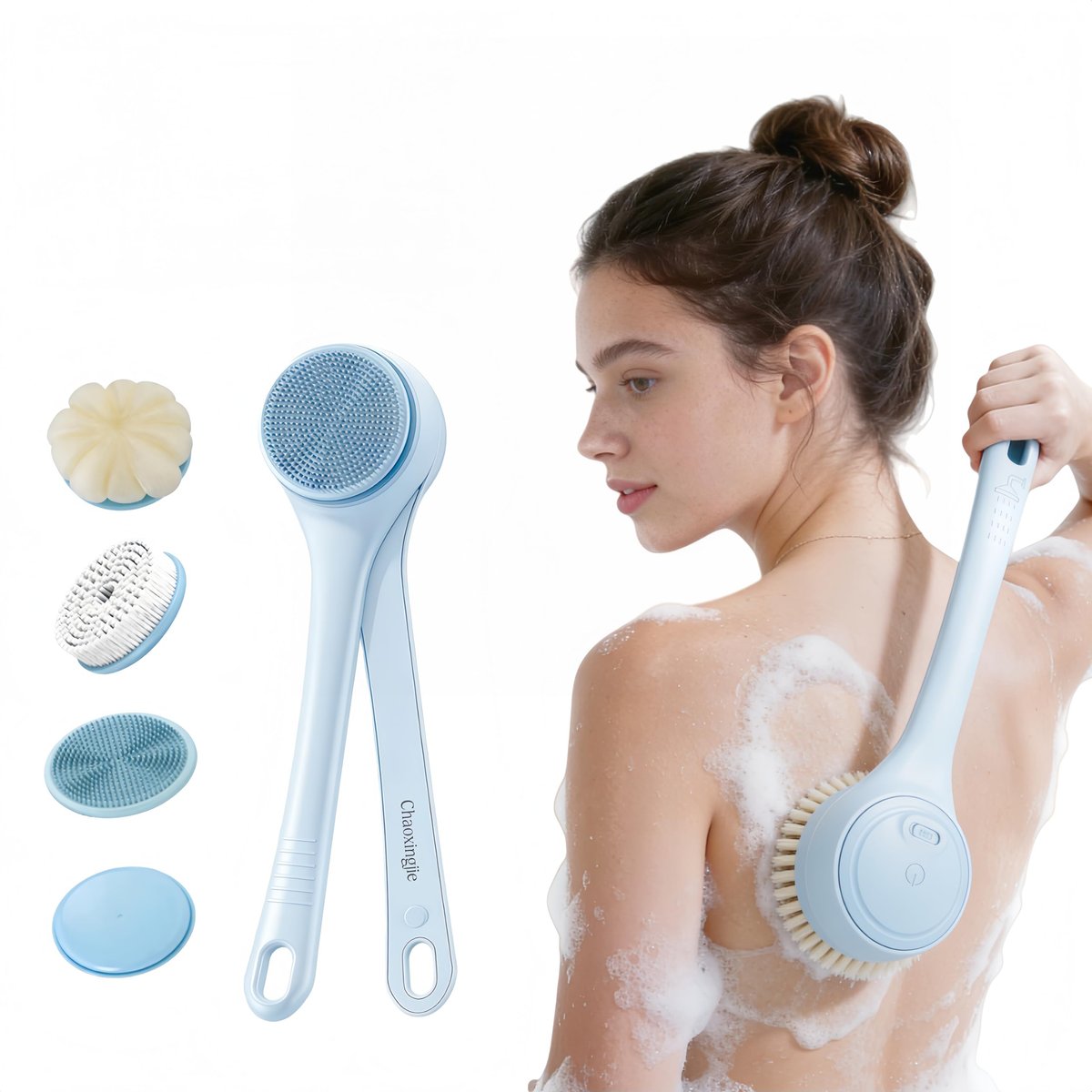 Electric Body Brush Back Scrubber for Shower - Waterproof Long Dual Handle Power Body Scrubber with 4 Heads, Rechargeable Bath Brush & 2 Speeds for Cleansing, Exfoliating and Massaging Skin (Sky Blue) Avelisse