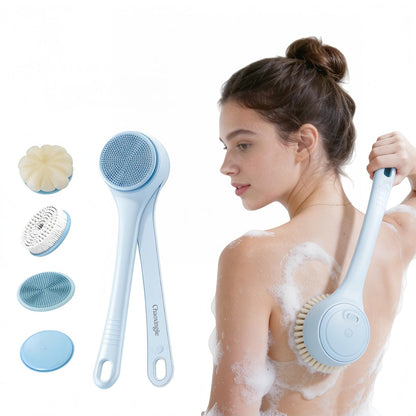 Electric Body Brush Back Scrubber for Shower - Waterproof Long Dual Handle Power Body Scrubber with 4 Heads, Rechargeable Bath Brush & 2 Speeds for Cleansing, Exfoliating and Massaging Skin (Sky Blue) Avelisse