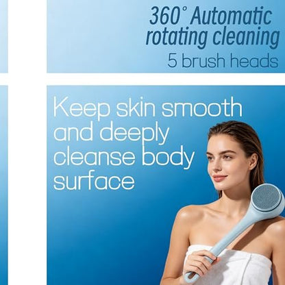 Electric Body Brush Back Scrubber for Shower - Waterproof Long Dual Handle Power Body Scrubber with 4 Heads, Rechargeable Bath Brush & 2 Speeds for Cleansing, Exfoliating and Massaging Skin (Sky Blue) Avelisse