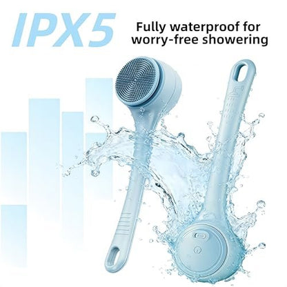 Electric Body Brush Back Scrubber for Shower - Waterproof Long Dual Handle Power Body Scrubber with 4 Heads, Rechargeable Bath Brush & 2 Speeds for Cleansing, Exfoliating and Massaging Skin (Sky Blue) Avelisse