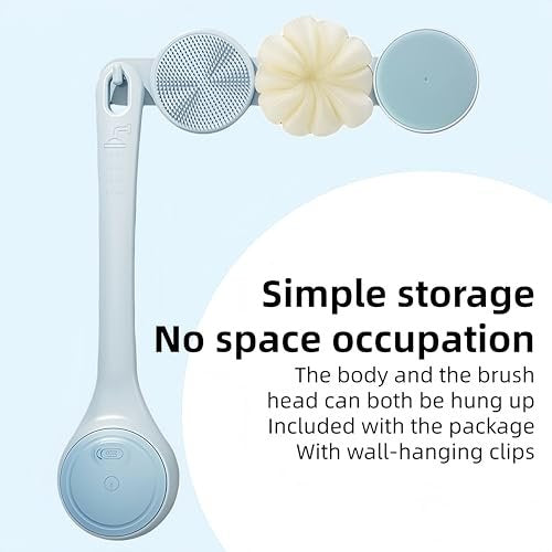 Electric Body Brush Back Scrubber for Shower - Waterproof Long Dual Handle Power Body Scrubber with 4 Heads, Rechargeable Bath Brush & 2 Speeds for Cleansing, Exfoliating and Massaging Skin (Sky Blue) Avelisse