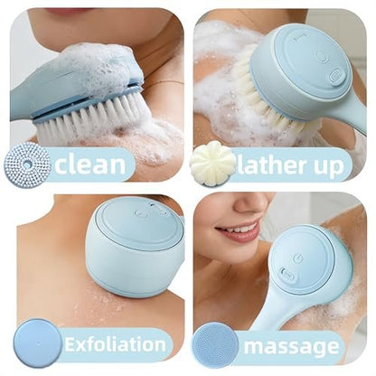 Electric Body Brush Back Scrubber for Shower - Waterproof Long Dual Handle Power Body Scrubber with 4 Heads, Rechargeable Bath Brush & 2 Speeds for Cleansing, Exfoliating and Massaging Skin (Sky Blue) Avelisse