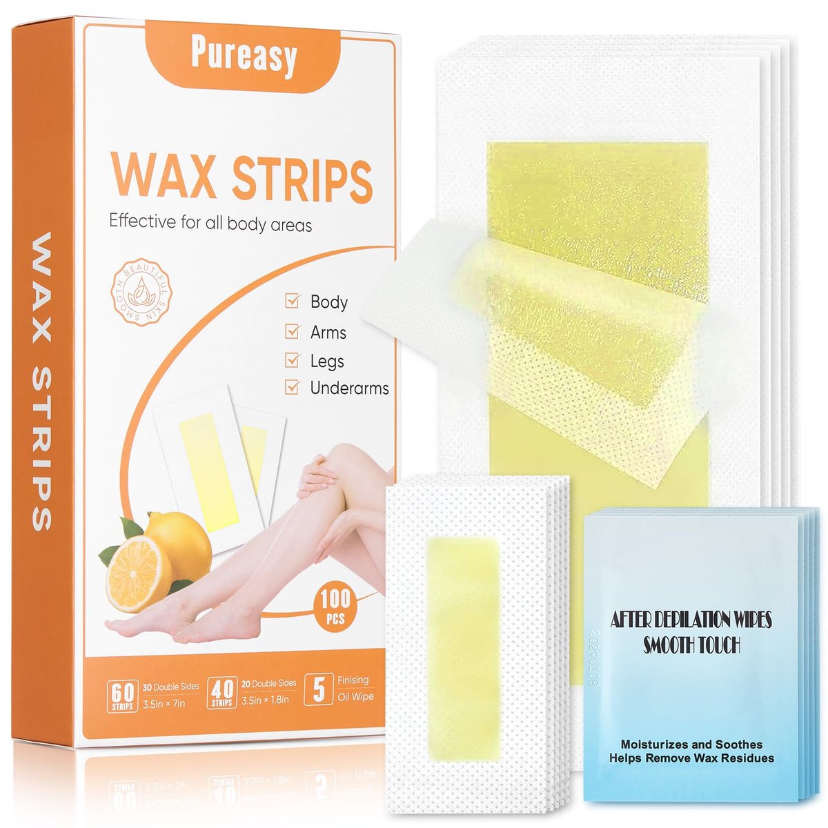 Pureasy 100 PCS Wax Strips for Hair Removal: Facial & Body Waxing Kit with Calming Oil Wipes Avelisse