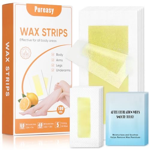 Pureasy 100 PCS Wax Strips for Hair Removal: Facial & Body Waxing Kit with Calming Oil Wipes Avelisse