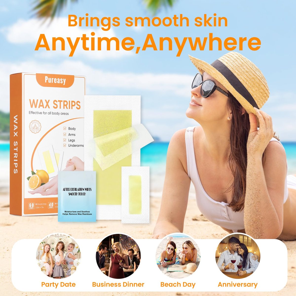 Pureasy 100 PCS Wax Strips for Hair Removal: Facial & Body Waxing Kit with Calming Oil Wipes Avelisse