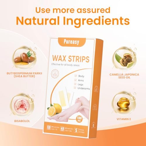 Pureasy 100 PCS Wax Strips for Hair Removal: Facial & Body Waxing Kit with Calming Oil Wipes Avelisse