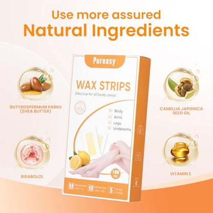 Pureasy 100 PCS Wax Strips for Hair Removal: Facial & Body Waxing Kit with Calming Oil Wipes Avelisse