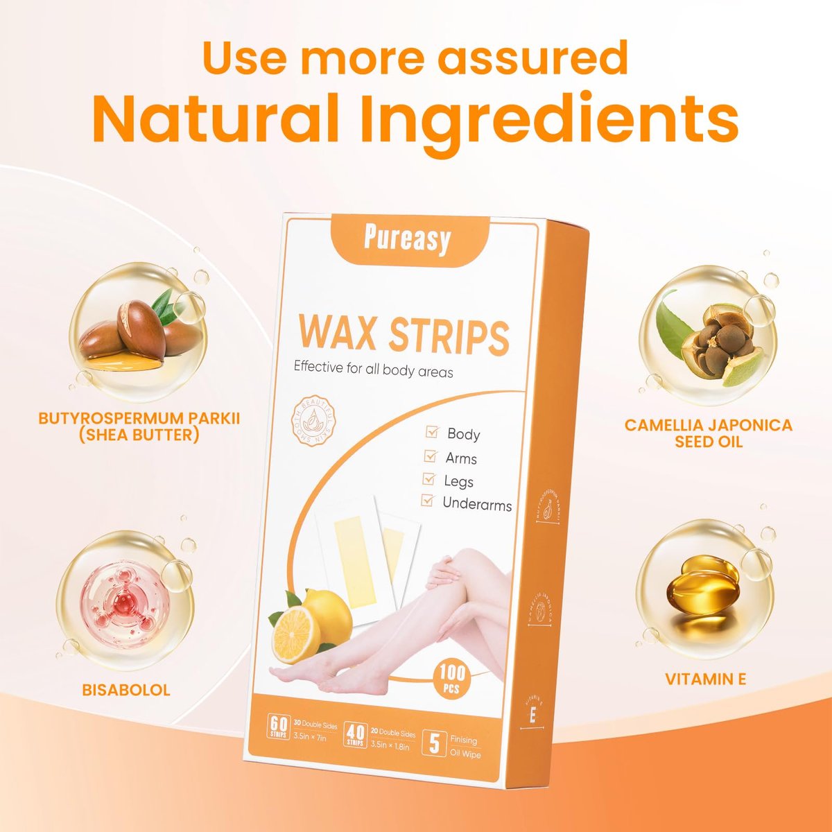 Pureasy 100 PCS Wax Strips for Hair Removal: Facial & Body Waxing Kit with Calming Oil Wipes Avelisse