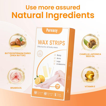 Pureasy 100 PCS Wax Strips for Hair Removal: Facial & Body Waxing Kit with Calming Oil Wipes Avelisse