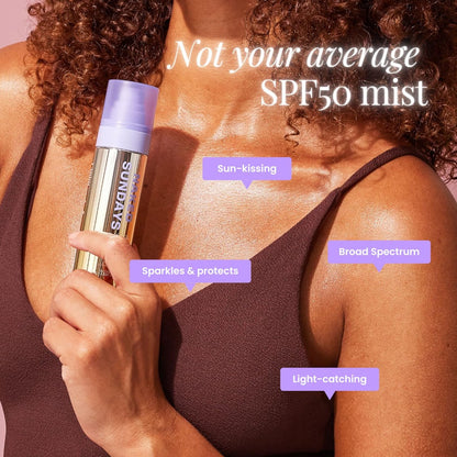 Naked Sundays SPF 50 Golden Glow Glitter Setting Spray – Shimmering Sunscreen Mist for Face & Body, Broad Spectrum UVA/UVB Protection, Lightweight Non-Greasy Finish, 75ml Avelisse