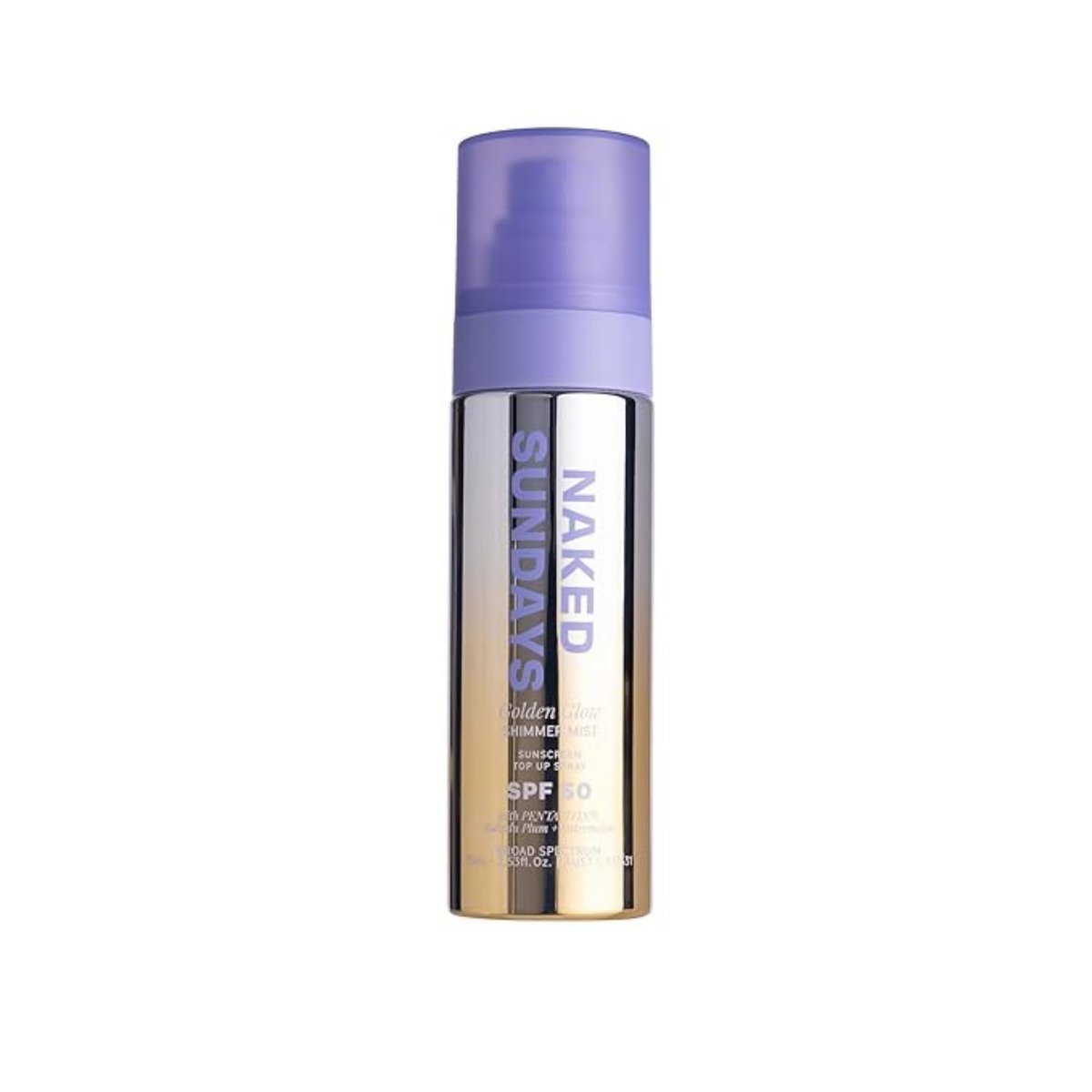 Naked Sundays SPF 50 Golden Glow Glitter Setting Spray – Shimmering Sunscreen Mist for Face & Body, Broad Spectrum UVA/UVB Protection, Lightweight Non-Greasy Finish, 75ml Avelisse