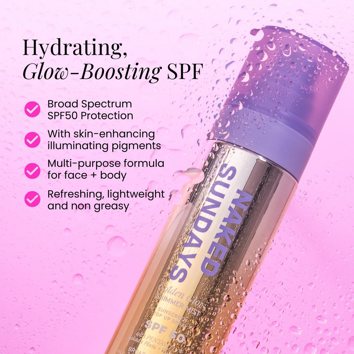 Naked Sundays SPF 50 Golden Glow Glitter Setting Spray – Shimmering Sunscreen Mist for Face & Body, Broad Spectrum UVA/UVB Protection, Lightweight Non-Greasy Finish, 75ml Avelisse