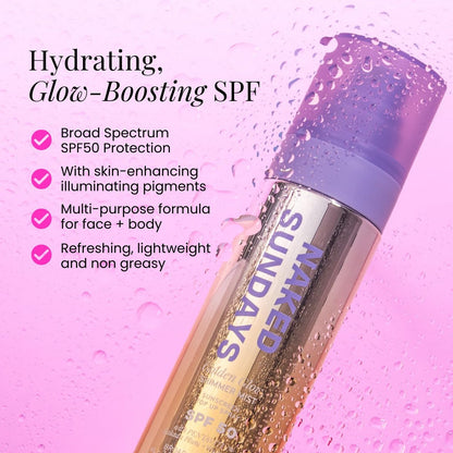 Naked Sundays SPF 50 Golden Glow Glitter Setting Spray – Shimmering Sunscreen Mist for Face & Body, Broad Spectrum UVA/UVB Protection, Lightweight Non-Greasy Finish, 75ml Avelisse