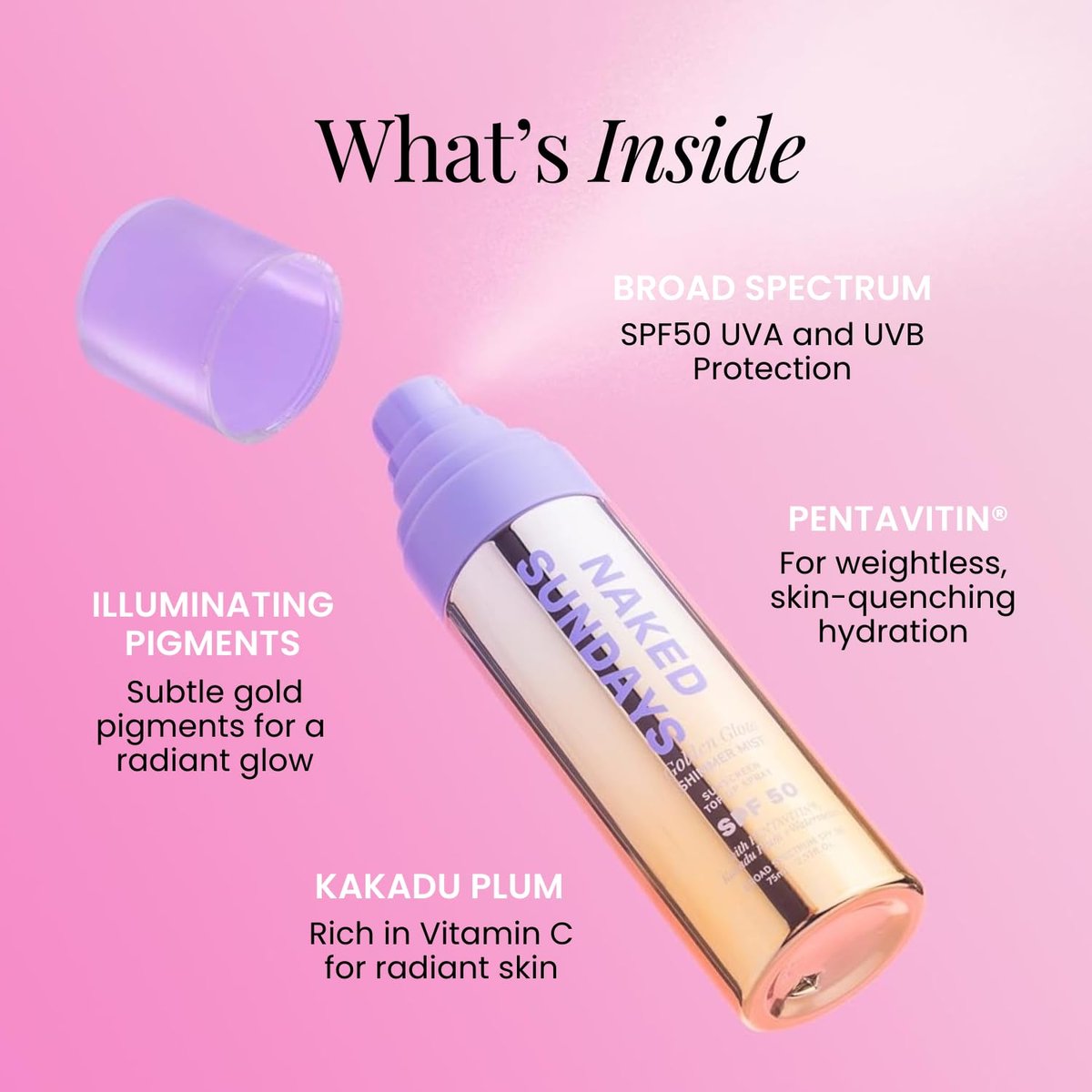 Naked Sundays SPF 50 Golden Glow Glitter Setting Spray – Shimmering Sunscreen Mist for Face & Body, Broad Spectrum UVA/UVB Protection, Lightweight Non-Greasy Finish, 75ml Avelisse