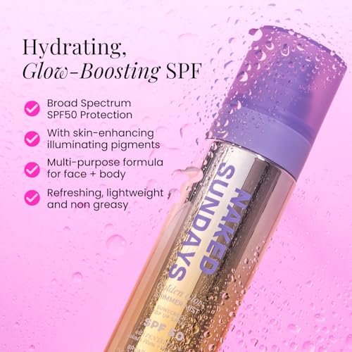 Naked Sundays SPF 50 Golden Glow Glitter Setting Spray – Shimmering Sunscreen Mist for Face & Body, Broad Spectrum UVA/UVB Protection, Lightweight Non-Greasy Finish, 75ml Avelisse