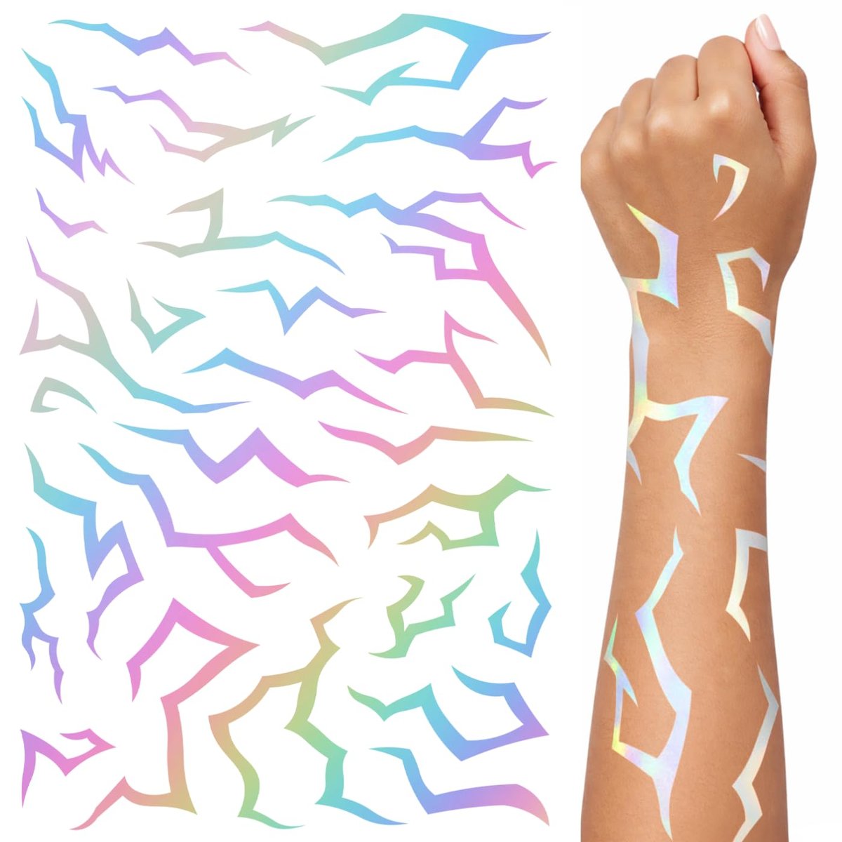 Iridescent Pattern Temporary Tattoos - 3 Sheets Holographic Demon Energy Metallic Tattoos for Cosplay, Kpop, Kids, Halloween - görsel 1