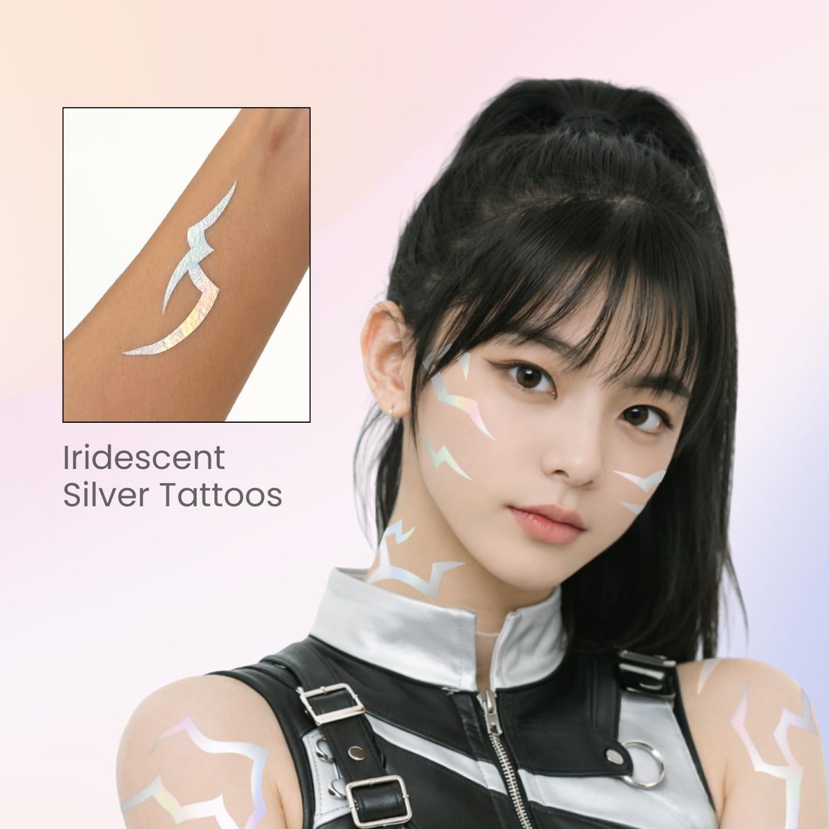 Iridescent Pattern Temporary Tattoos - 3 Sheets Holographic Demon Energy Metallic Tattoos for Cosplay, Kpop, Kids, Halloween - görsel 7
