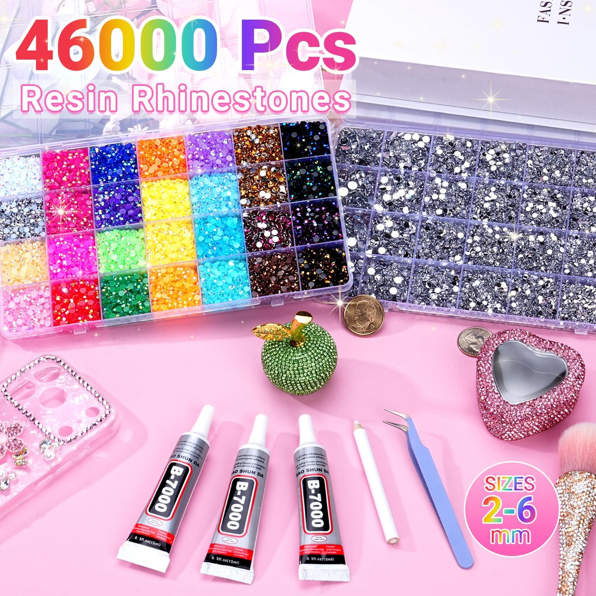 46000Pcs Jelly Rhinestones for Bedazzling, 2 Boxes Multicolor 4mm & Silver Clear 2/3/4/5/6mm Resin Flatback Gems with 3Pcs B7000 Glue Avelisse