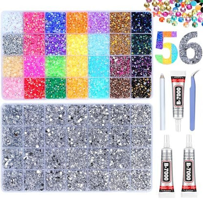 46000Pcs Jelly Rhinestones for Bedazzling, 2 Boxes Multicolor 4mm & Silver Clear 2/3/4/5/6mm Resin Flatback Gems with 3Pcs B7000 Glue Avelisse