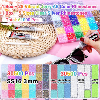 46000Pcs Jelly Rhinestones for Bedazzling, 2 Boxes Multicolor 4mm & Silver Clear 2/3/4/5/6mm Resin Flatback Gems with 3Pcs B7000 Glue Avelisse